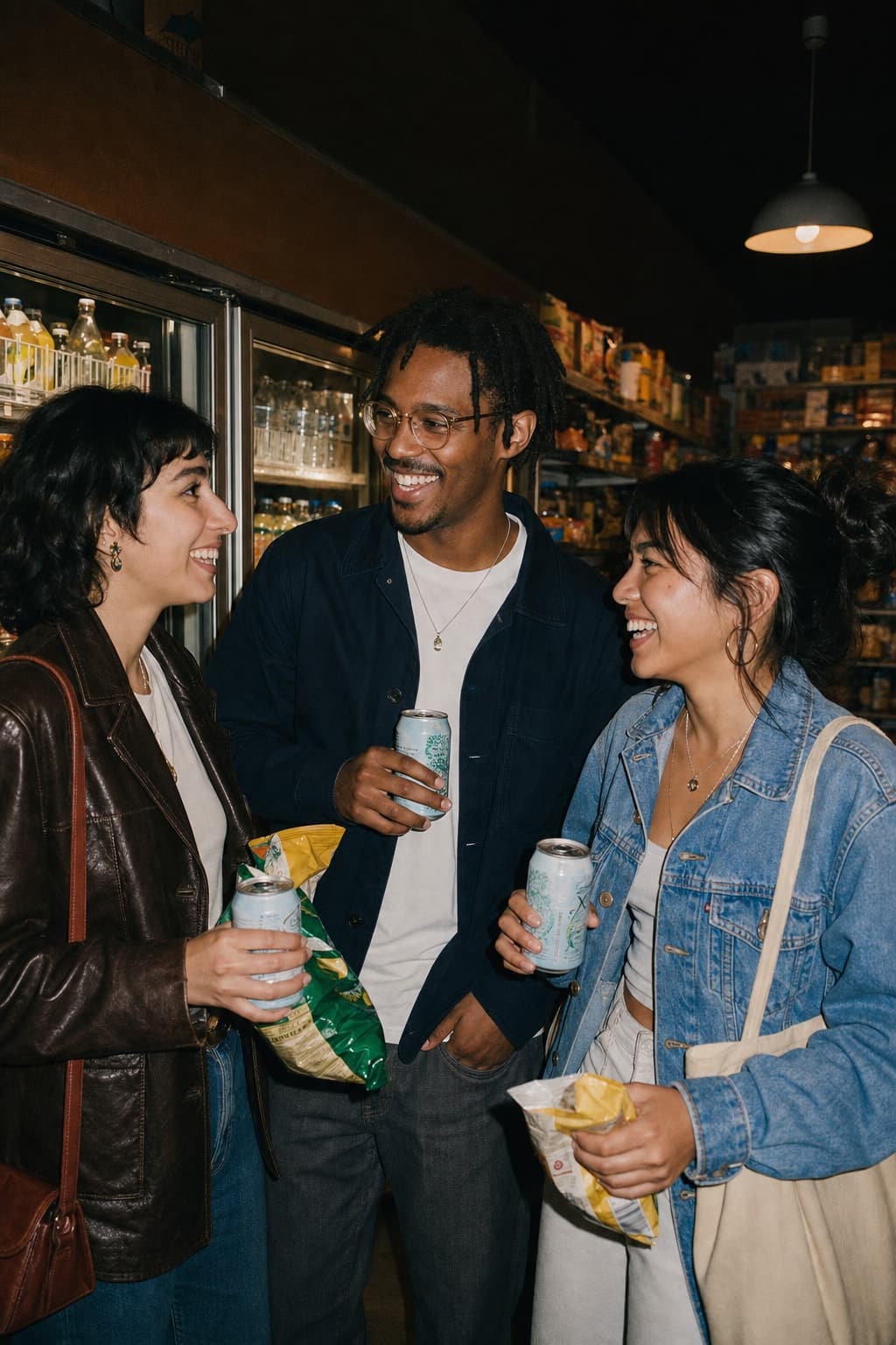Friends outside the corner store before sunrise